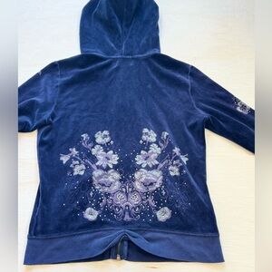 VTG Juicy Couture Velour Hoodie Rhinestone Floral dark navy blue size M